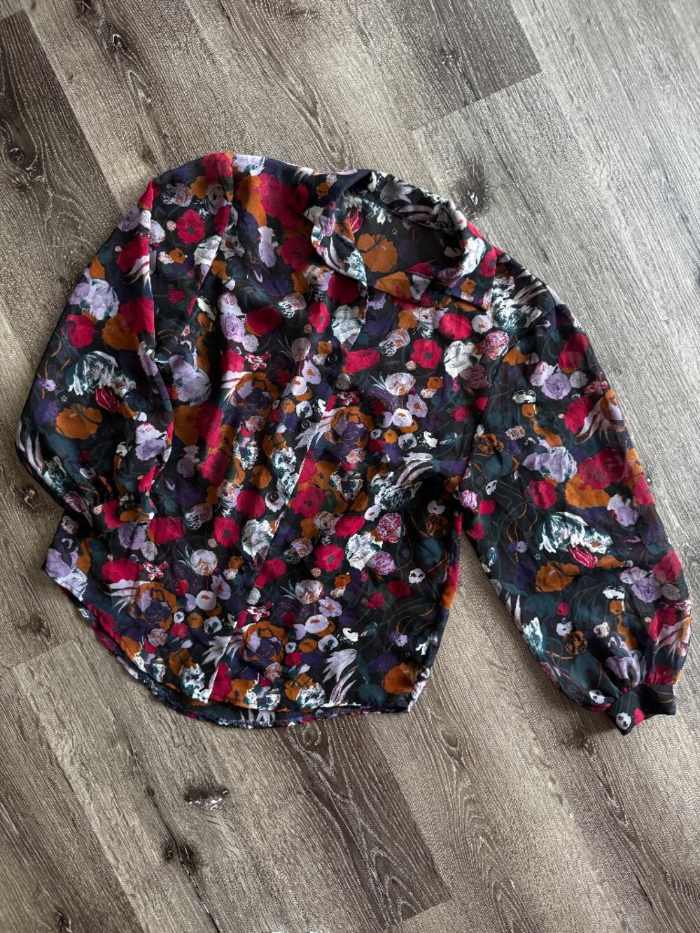 Vintage 1990s Sheer Painterly Floral Blouse | Moody Botanical Button Up | M